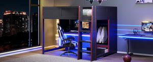 English Elm Wood Full Size Gaming Loft Bed With Desk, Wardrobe, Led Lighting, And Storage Drawer, Black Finish N7090004011B-GIGA