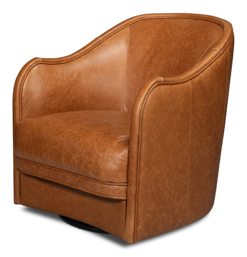 Sarreid Braxton Leather Swivel Chair In Columbia Brown - Stylish Comfort With Elegant Wood Accents Brown  54168
