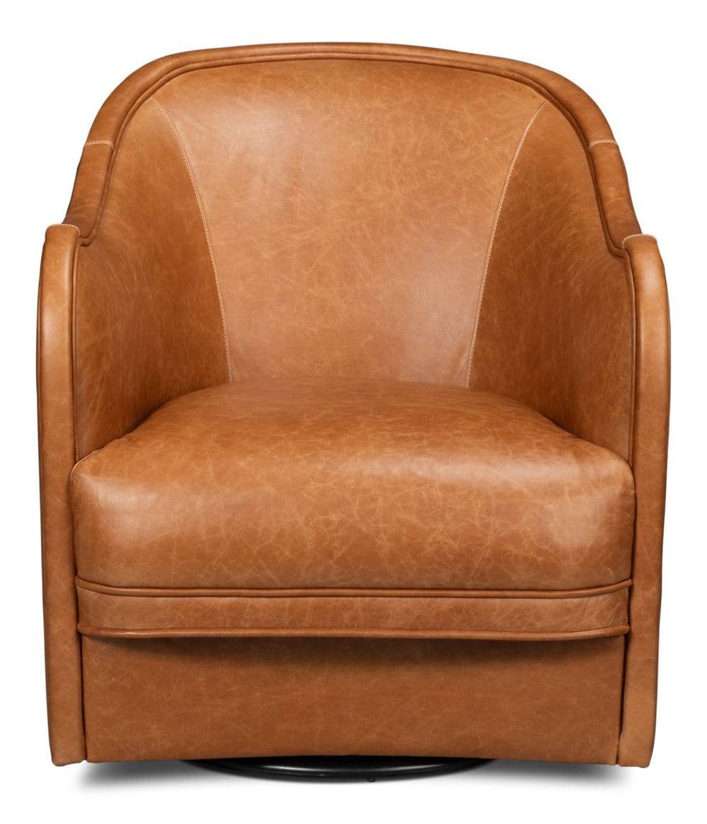 Sarreid Braxton Leather Swivel Chair In Columbia Brown - Stylish Comfort With Elegant Wood Accents Brown  54168