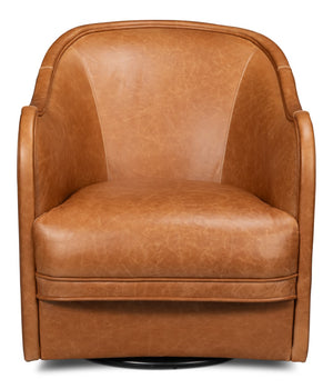 Sarreid Braxton Leather Swivel Chair In Columbia Brown - Stylish Comfort With Elegant Wood Accents Brown  54168