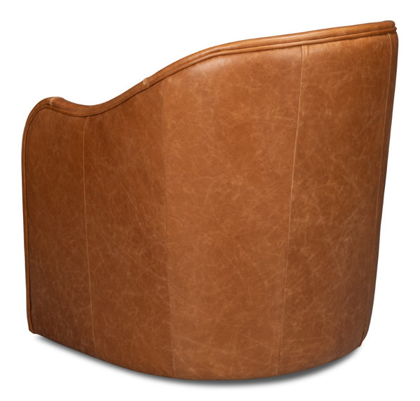 Sarreid Braxton Leather Swivel Chair In Columbia Brown - Stylish Comfort With Elegant Wood Accents Brown  54168