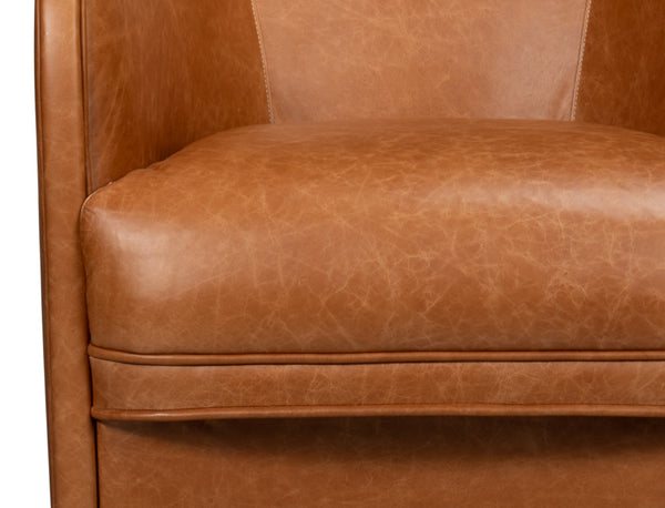 Sarreid Braxton Leather Swivel Chair In Columbia Brown - Stylish Comfort With Elegant Wood Accents Brown  54168