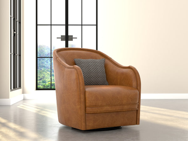 Sarreid Braxton Leather Swivel Chair In Columbia Brown - Stylish Comfort With Elegant Wood Accents Brown  54168