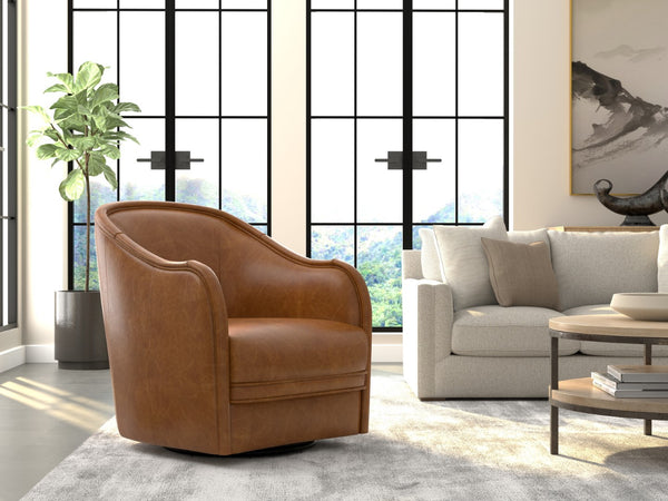 Sarreid Braxton Leather Swivel Chair In Columbia Brown - Stylish Comfort With Elegant Wood Accents Brown  54168