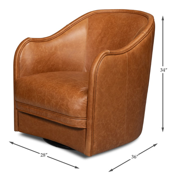 Sarreid Braxton Leather Swivel Chair In Columbia Brown - Stylish Comfort With Elegant Wood Accents Brown  54168