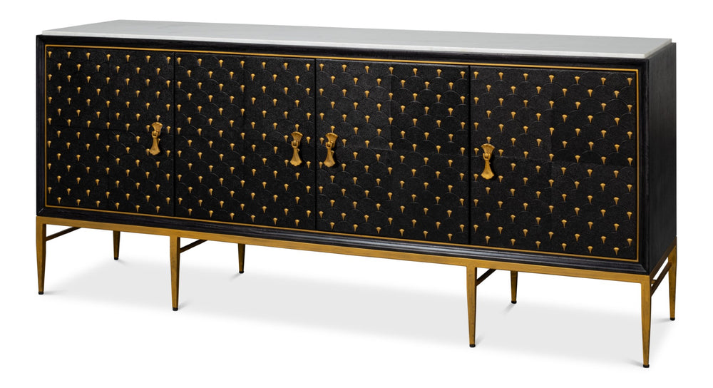 Sarreid Palisade Shagreen Credenza Black - Luxurious Mango Wood With Italian Marble & Leather Accents Black  54169