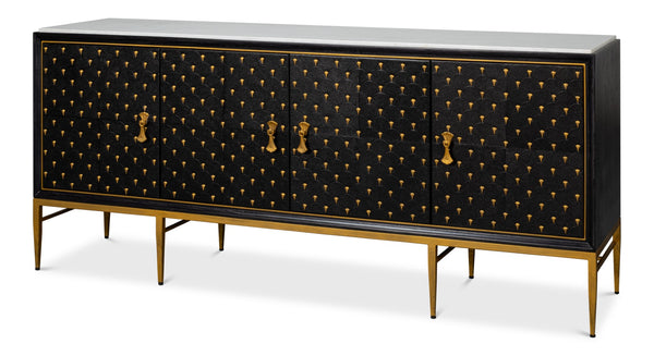 Sarreid Palisade Shagreen Credenza Black - Luxurious Mango Wood With Italian Marble & Leather Accents Black  54169