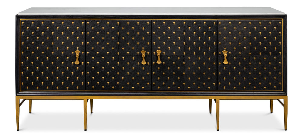 Sarreid Palisade Shagreen Credenza Black - Luxurious Mango Wood With Italian Marble & Leather Accents Black  54169
