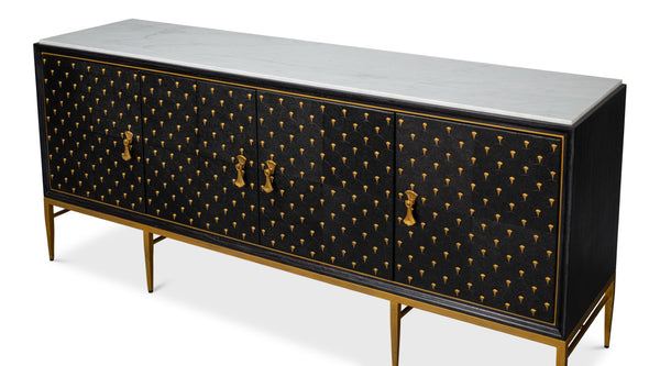 Sarreid Palisade Shagreen Credenza Black - Luxurious Mango Wood With Italian Marble & Leather Accents Black  54169
