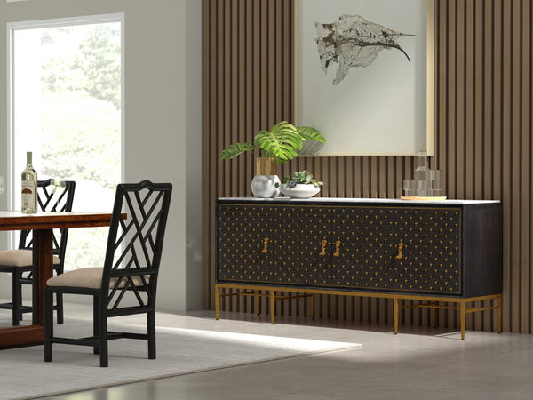 Sarreid Palisade Shagreen Credenza Black - Luxurious Mango Wood With Italian Marble & Leather Accents Black  54169