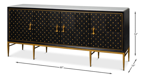 Sarreid Palisade Shagreen Credenza Black - Luxurious Mango Wood With Italian Marble & Leather Accents Black  54169