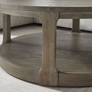 English Elm 40inch Two Tier Round Pine Wood Coffee Table with Wheels Rustic Vintage Living Room W2582P308198