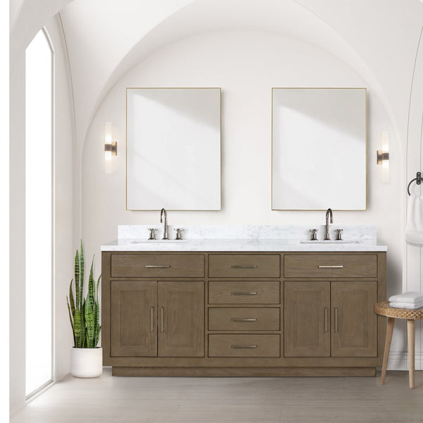 English Elm Grey Oak Double Bath Vanity With Carrara Marble Top & Chrome Faucet Set - 72" W, Stylish Storage Solutions B2731P257786