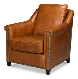 Sarreid Vandike Arm Chair In Cuba Brown Leather With Elegant Gold Nailhead Trim For Stylish Interiors Brown  54186