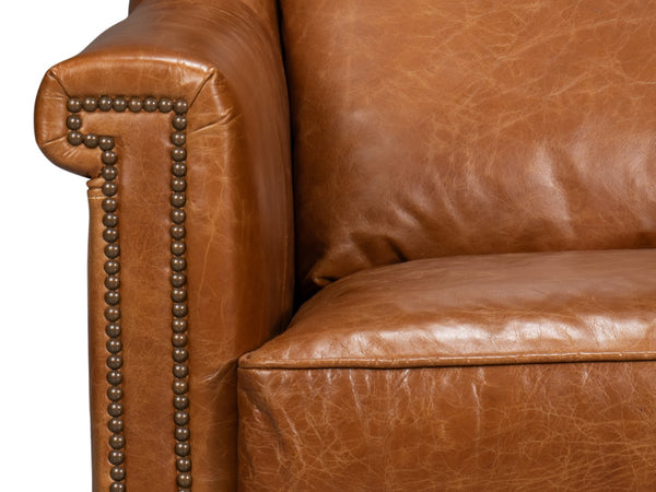Sarreid Vandike Arm Chair In Cuba Brown Leather With Elegant Gold Nailhead Trim For Stylish Interiors Brown  54186