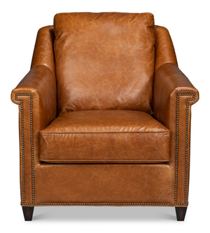 Sarreid Vandike Arm Chair In Cuba Brown Leather With Elegant Gold Nailhead Trim For Stylish Interiors Brown  54186