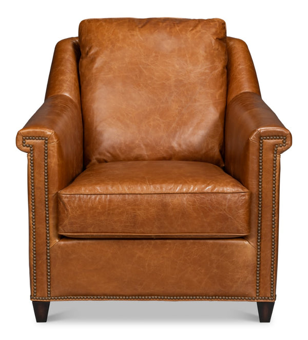 Sarreid Vandike Arm Chair In Cuba Brown Leather With Elegant Gold Nailhead Trim For Stylish Interiors Brown  54186