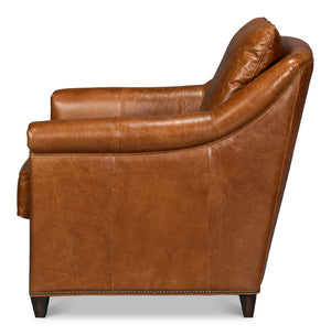 Sarreid Vandike Arm Chair In Cuba Brown Leather With Elegant Gold Nailhead Trim For Stylish Interiors Brown  54186