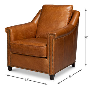 Sarreid Vandike Arm Chair In Cuba Brown Leather With Elegant Gold Nailhead Trim For Stylish Interiors Brown  54186