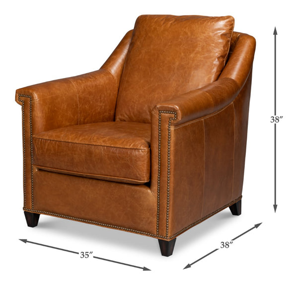 Sarreid Vandike Arm Chair In Cuba Brown Leather With Elegant Gold Nailhead Trim For Stylish Interiors Brown  54186