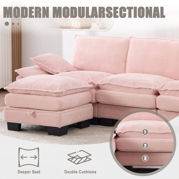 English Elm Sectional Cloud Sofa Modular Deep Seat Corduroy Upholstered Living Room Couch with Storage Pink W395S00131