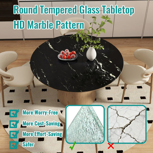 English Elm 30"inch Round Tempered Glass Tabletop Marble Pattern Indoor Outdoor Patio Dining Black W241P361472