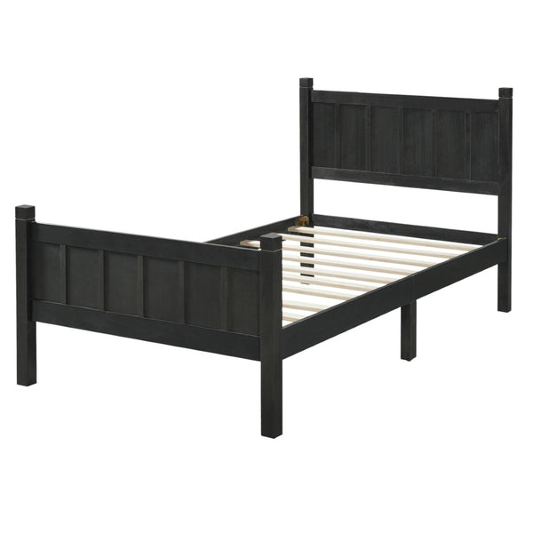 English Elm Twin Platform Bed Vertical Slat Headboard Farmhouse Shaker Wood Grain Finish Bedroom Black N733P422478E
