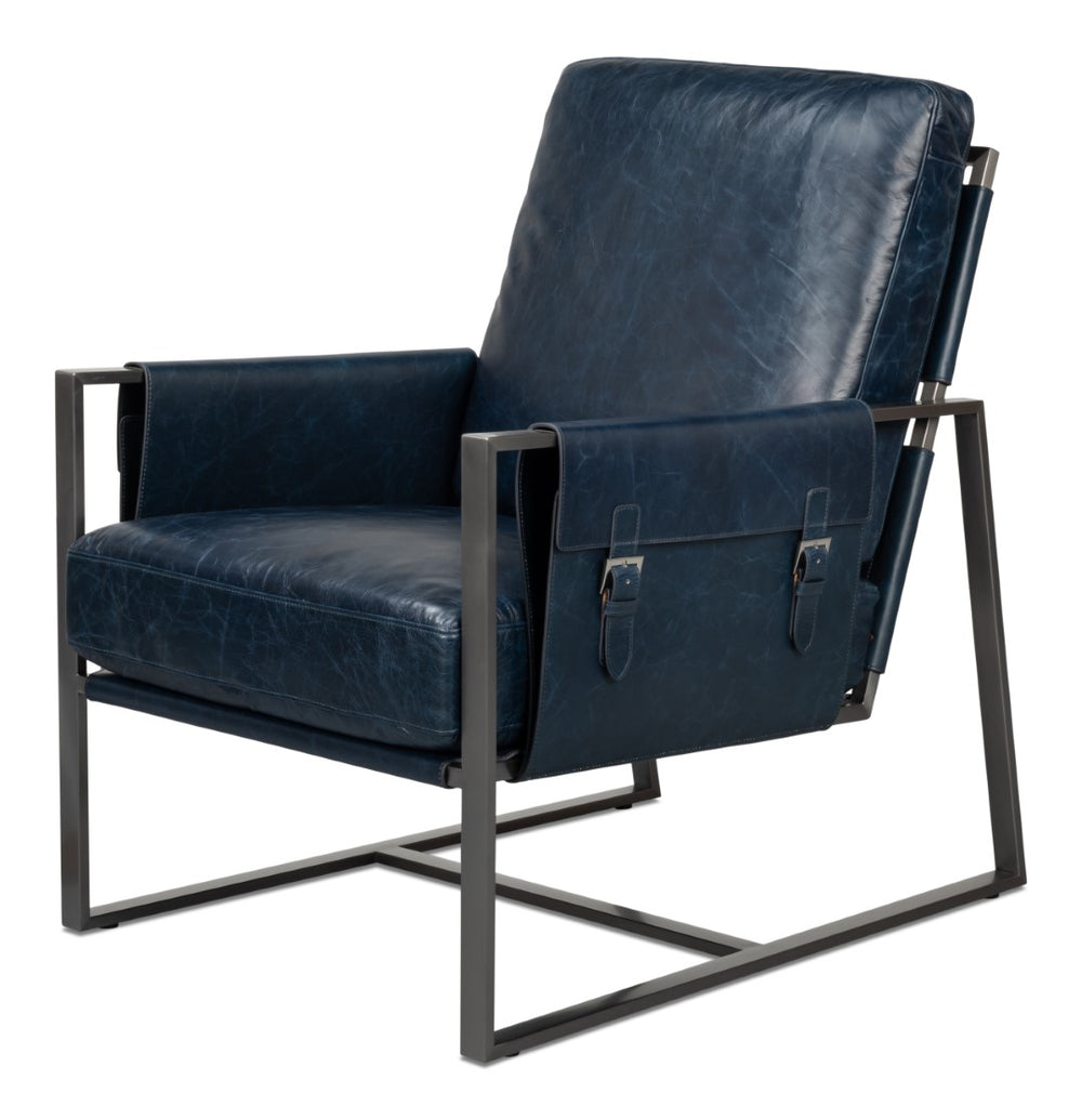 Sarreid Edmonds Luxurious Distilled Leather Chair In Chateau Blue - Stylish Iron Frame For Elegant Living Blue  54191