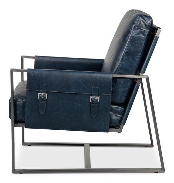 Sarreid Edmonds Luxurious Distilled Leather Chair In Chateau Blue - Stylish Iron Frame For Elegant Living Blue  54191