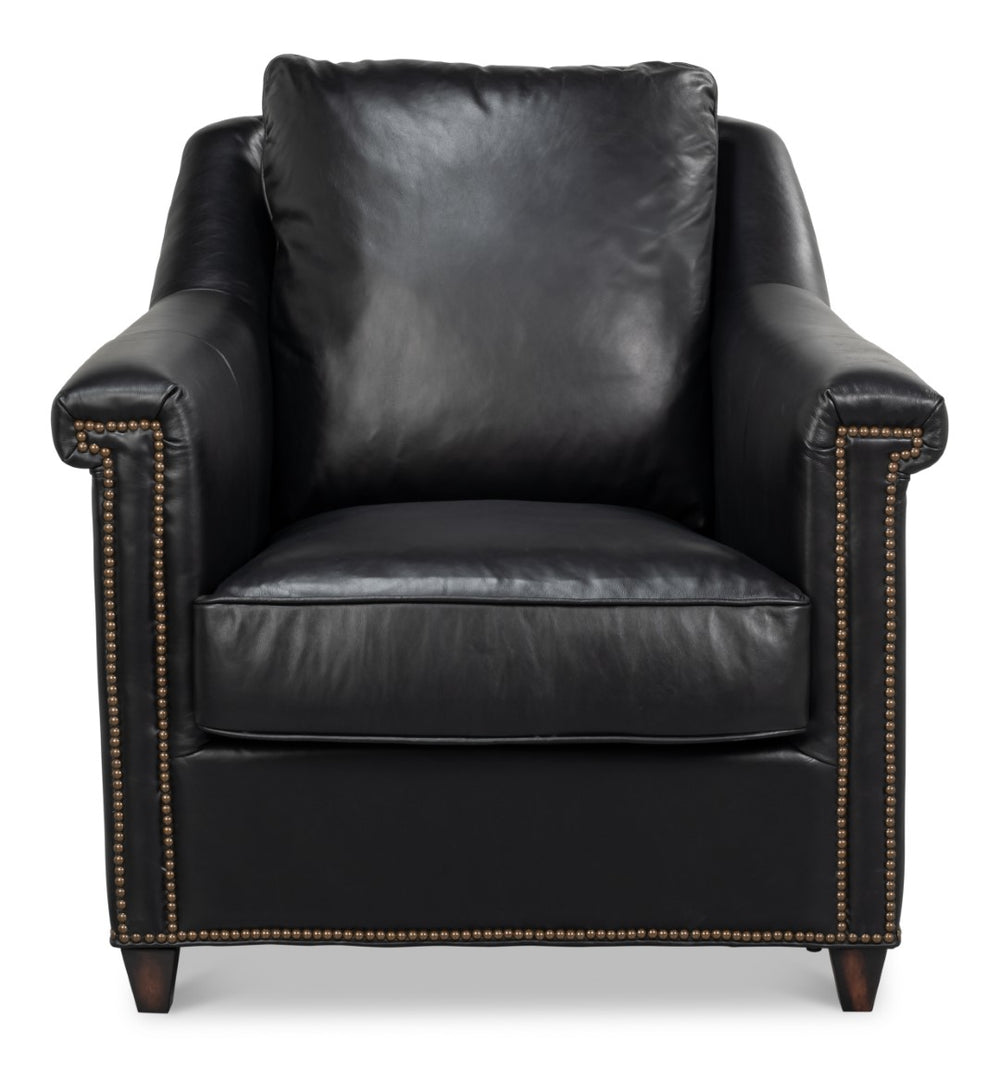 Sarreid Vandike Arm Chair: Luxurious Onyx Black Leather With Elegant Gold Nailhead Trim For Sophisticated Style Black  54193