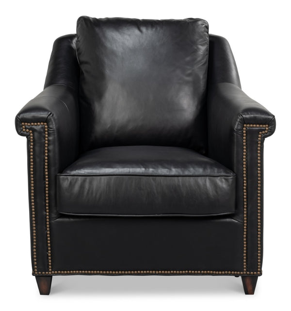 Sarreid Vandike Arm Chair: Luxurious Onyx Black Leather With Elegant Gold Nailhead Trim For Sophisticated Style Black  54193