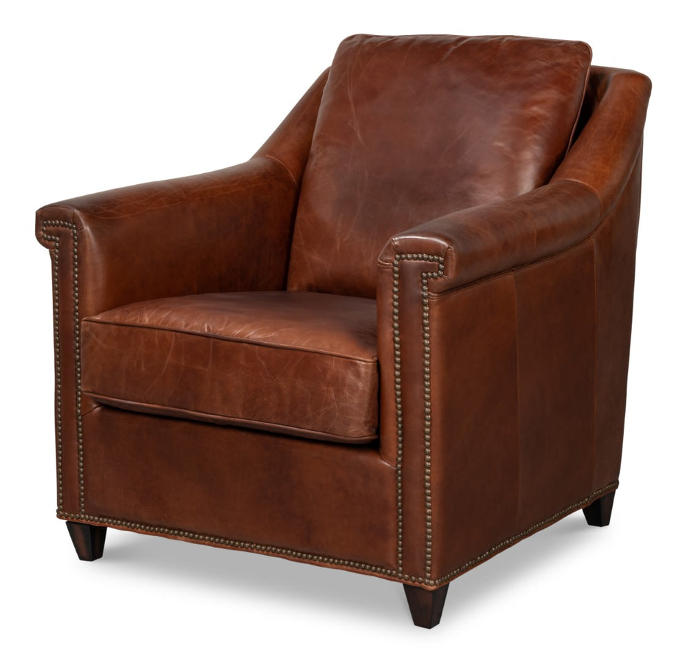 Sarreid Vandike Arm Chair - Elegant Newark Brown Leather With Gold Nailhead Trim For Stylish Living Spaces Brown  54195