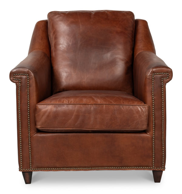 Sarreid Vandike Arm Chair - Elegant Newark Brown Leather With Gold Nailhead Trim For Stylish Living Spaces Brown  54195