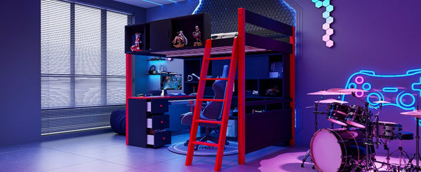 English Elm Full Size Gaming Loft Bed with Led Lighting Desk Drawers and Display Shelving Red LT000263AAJ