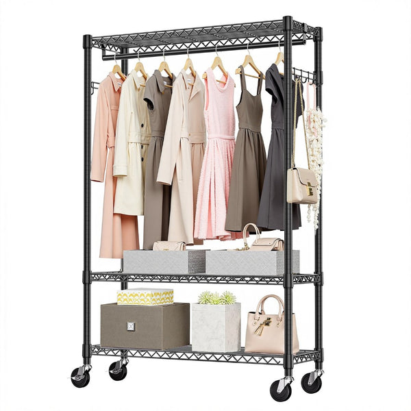 English Elm Heavy Duty Rolling Garment Rack Freestanding Closet Organizer with Adjustable Steel Shelving Black W5386P445625