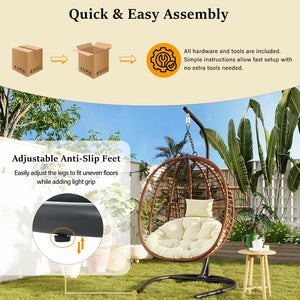 English Elm U_style Wicker Hanging Egg Chair with Stand Foldable Indoor Outdoor Swing Seat Brown+Beige N711P389503K