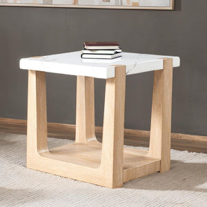 English Elm 1pc End Table with Faux Marble Top, Two-Tone Modern Accent Piece, 24” Square Stylish Living Room Natural,White 28 L x 28 W x 14 H B2741P402818