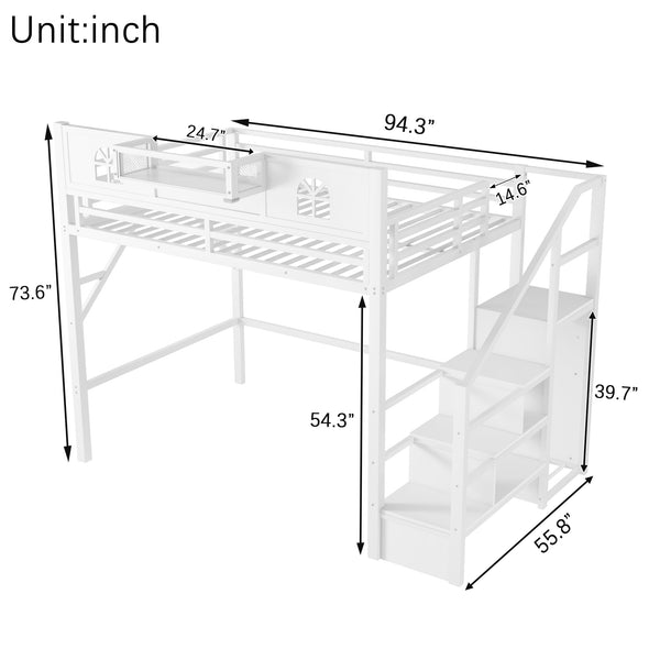 English Elm Full Size Loft Bed With Integrated Wardrobe, Stairs, House-Shaped Guardrails & Space-Saving Design W2593S00037