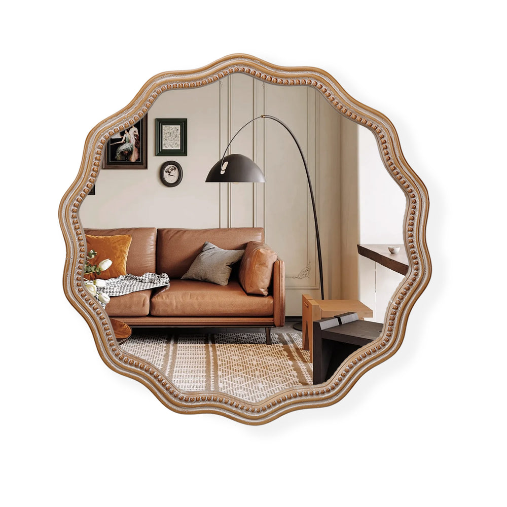 English Elm 23.62 Antique Natural Wood Round Wavy Wall Mirror with Scalloped Frame Modern Farmhouse Decor W2295P290646