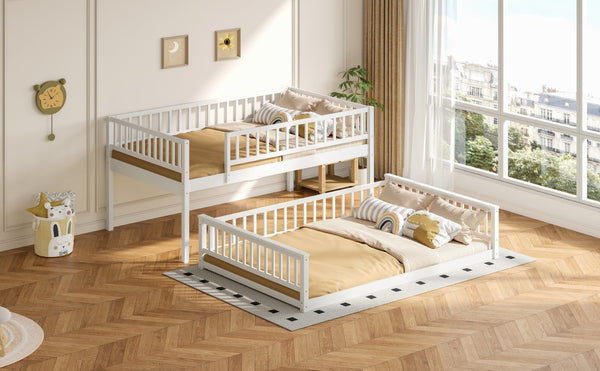 English Elm Full Xl Over Queen Bunk Bed Pine Frame with Guardrails Ladder and Slat Support White GX000450AAK