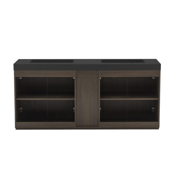 English Elm Galan 72 Inch Double Sink Vanity Fluted Wood Quartz Top Freestanding Bathroom Cabinet Oak,Smoke W1865S00229