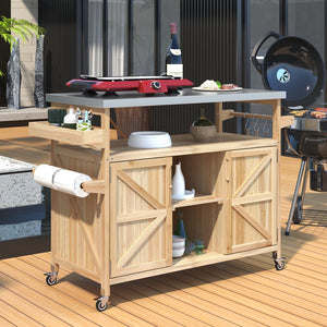 English Elm K&K Outdoor Kitchen Island Rolling Bar Cart with 1.2" Stainless Steel Top, Ample Storage, Wheels and Spice Rack Natural WF532198AAY