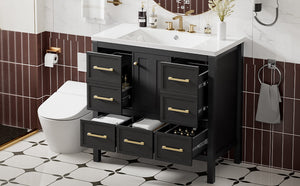 English Elm 36'' Bathroom Vanity with Resin Sink, Solid Wood Frame, 5 Drawers, Soft-Close Doors, Gold Knobs, Spacious Storage Black SW000142AAB-1