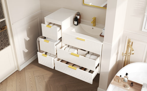 English Elm 24inch Bathroom Vanity with Sink - Wall-Mounted Floating Combo with Ceramic Basin, Modern L-Handle Design White N710S324097K