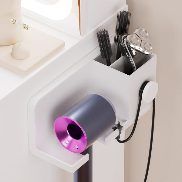 English Elm Vanity LED mirror vanity with 3-mode dimmable lights, power & USB ports, hairdryer holder, stool W1668P197385