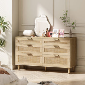 English Elm 51" Rattan Dresser with Six Drawers, Stylish Woven Storage Chest with Metal Handles and Wood Legs for Bedroom Hallway Living Room Natural W757P209506