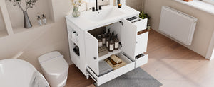 English Elm 36" Freestanding Bathroom Vanity Solid Wood Cabinet Ceramic Basin Four Drawers White W1580P382510