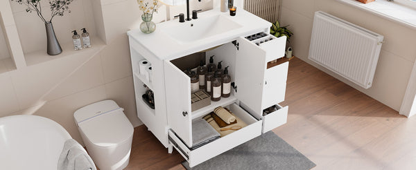 English Elm 36" Freestanding Bathroom Vanity Solid Wood Cabinet Ceramic Basin Four Drawers White W1580P382510