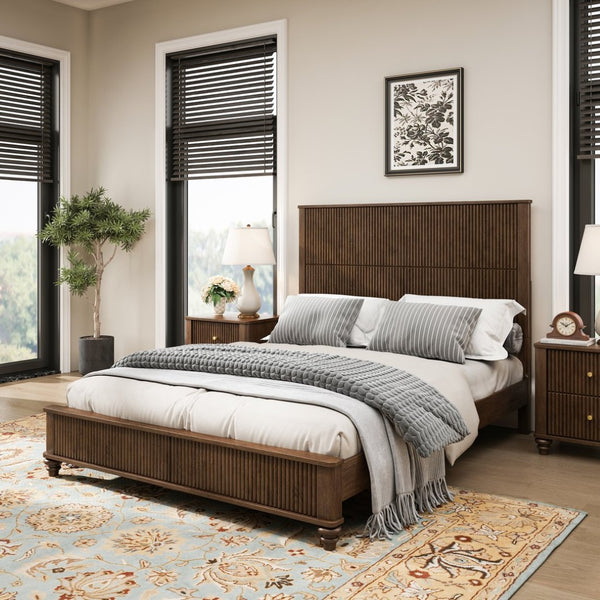English Elm Solid Rubberwood Queen Platform Bed Tall Headboard Vertical Grain No Box Spring Walnut W5819S00001