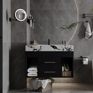 English Elm 29.9" Floating Bathroom Vanity Sintered Stone Top Soft Close Drawers Bronze Gold Hardware Black,Black White W3136S00036